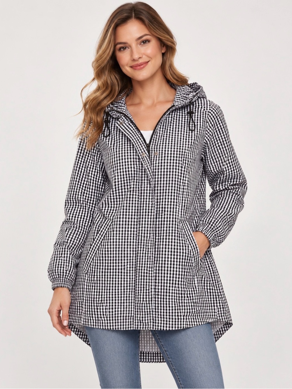 a new day Black & White Gingham Hooded light weight jacket
